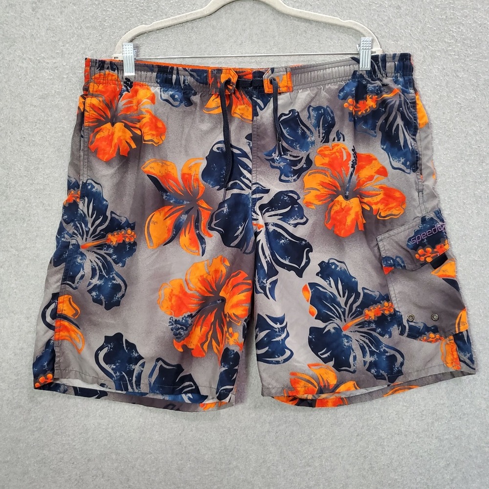 Speedo‎ Men Swimwear Large Gray Hibiscus Trunks Drawstring Pockets